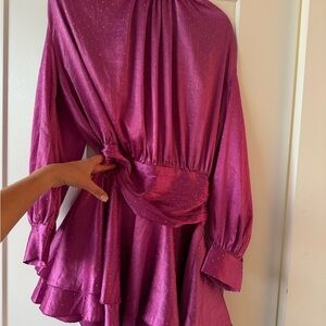 Fashion Nova Magenta Satin Long-Sleeve Tunic with Metallic Dot Detail